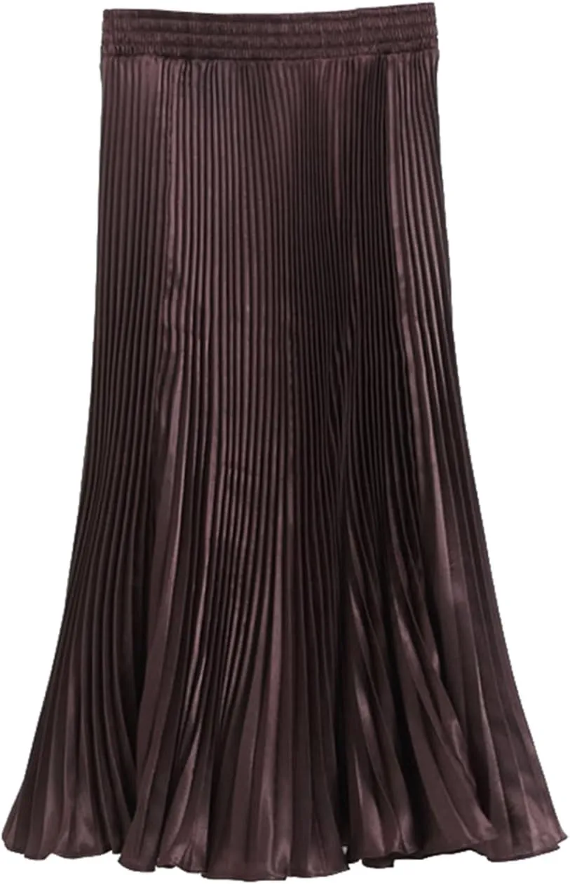 Womens Metallic Shiny Pleated Maxi Skirt Elastic High Waist A-Line Skirt Accordion Long Swing Skirt
