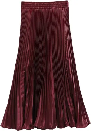 Womens Metallic Shiny Pleated Maxi Skirt Elastic High Waist A-Line Skirt Accordion Long Swing Skirt