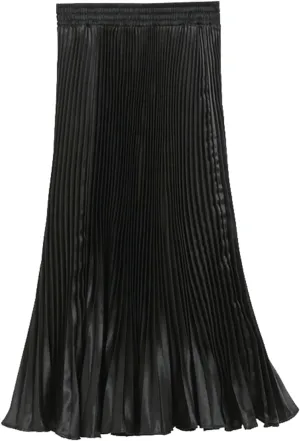 Womens Metallic Shiny Pleated Maxi Skirt Elastic High Waist A-Line Skirt Accordion Long Swing Skirt