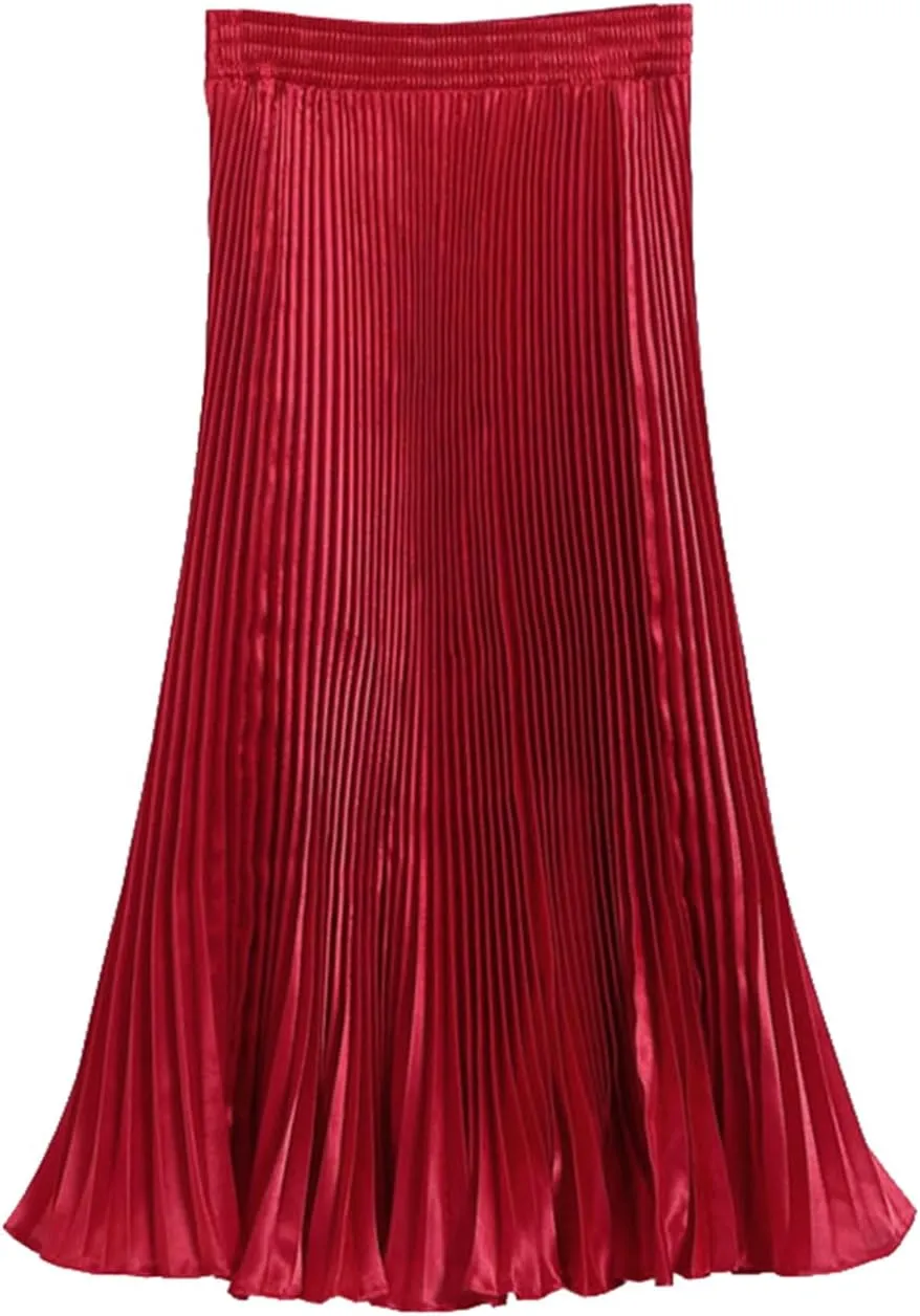 Womens Metallic Shiny Pleated Maxi Skirt Elastic High Waist A-Line Skirt Accordion Long Swing Skirt