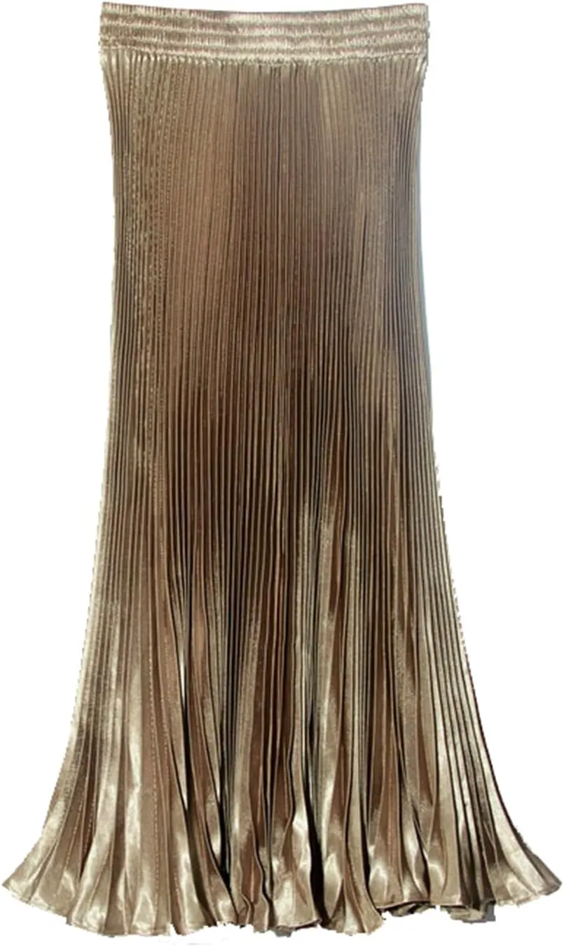 Womens Metallic Shiny Pleated Maxi Skirt Elastic High Waist A-Line Skirt Accordion Long Swing Skirt