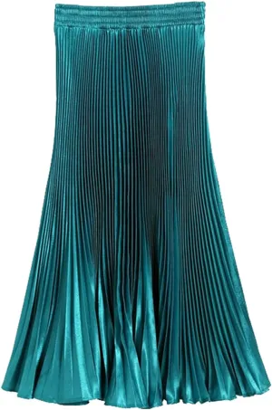 Womens Metallic Shiny Pleated Maxi Skirt Elastic High Waist A-Line Skirt Accordion Long Swing Skirt