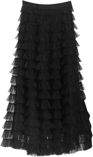 Women's Midi Skirt Elastic High Waist A-Line Ruffle Tiered Layered Mesh Puffy Long Maxi Skirt