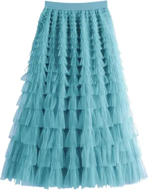 Women's Midi Skirt Elastic High Waist A-Line Ruffle Tiered Layered Mesh Puffy Long Maxi Skirt