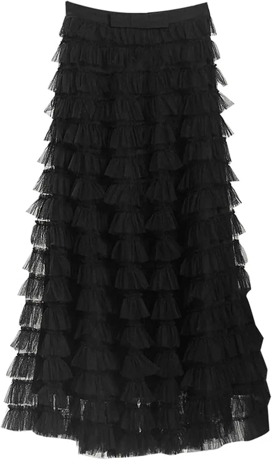 Women's Midi Skirt Elastic High Waist A-Line Ruffle Tiered Layered Mesh Puffy Long Maxi Skirt
