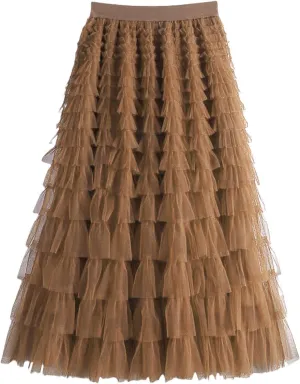 Women's Midi Skirt Elastic High Waist A-Line Ruffle Tiered Layered Mesh Puffy Long Maxi Skirt