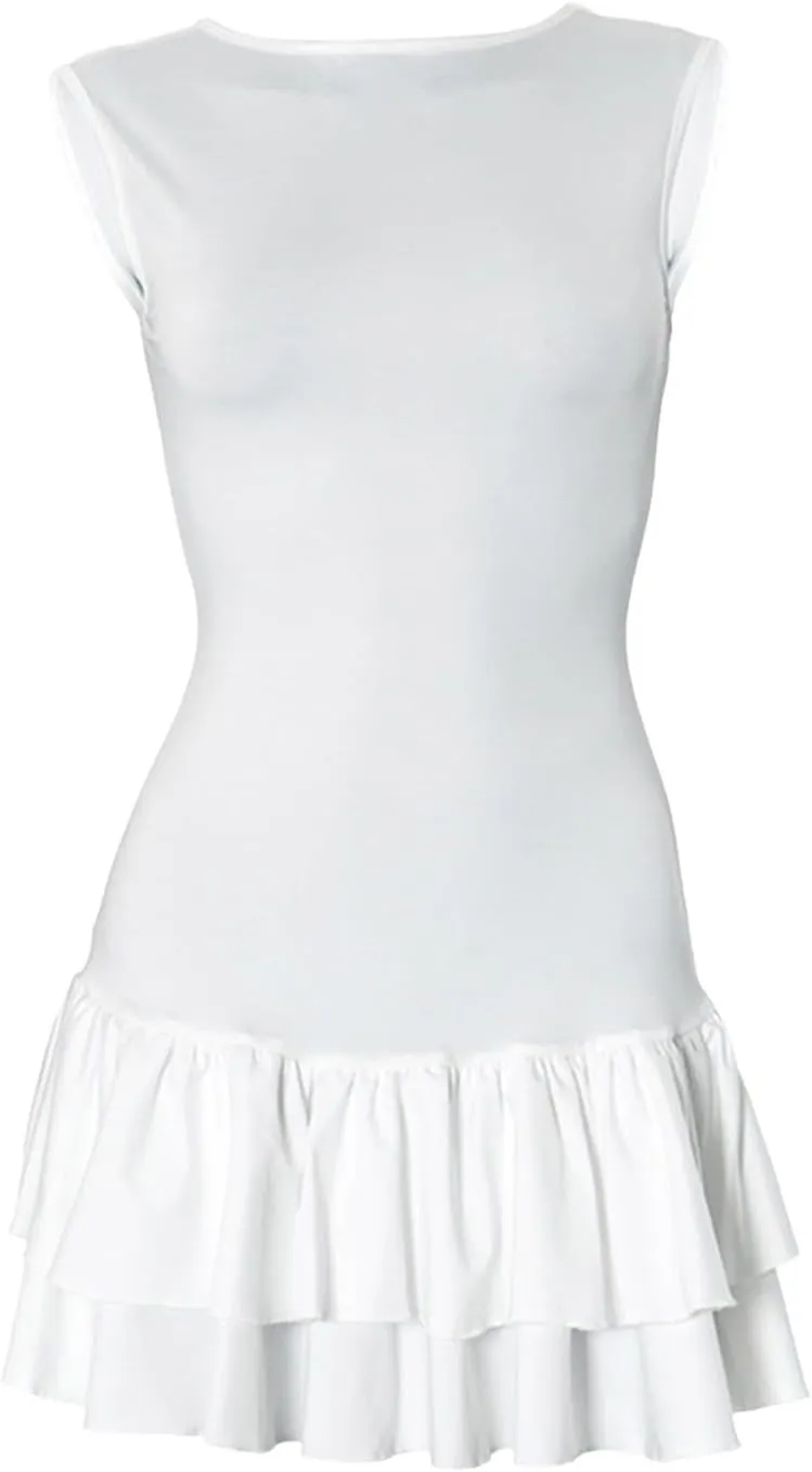 Womens Mini Dress Double Layered Ruffle Ruched Tiered Skirt Bodycon Sleeveless Tank Slim Summer Dress Shirts for