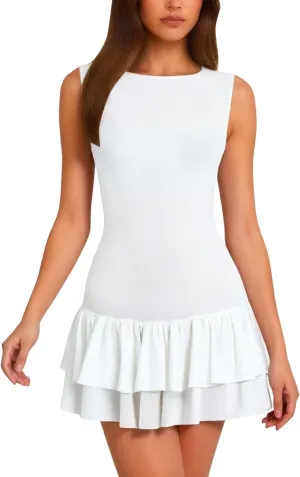 Womens Mini Dress Double Layered Ruffle Ruched Tiered Skirt Bodycon Sleeveless Tank Slim Summer Dress Shirts for
