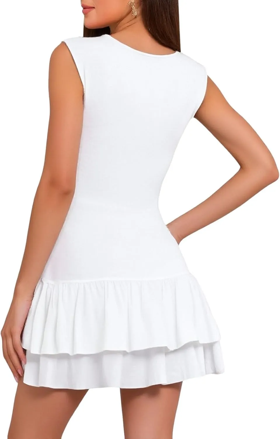 Womens Mini Dress Double Layered Ruffle Ruched Tiered Skirt Bodycon Sleeveless Tank Slim Summer Dress Shirts for