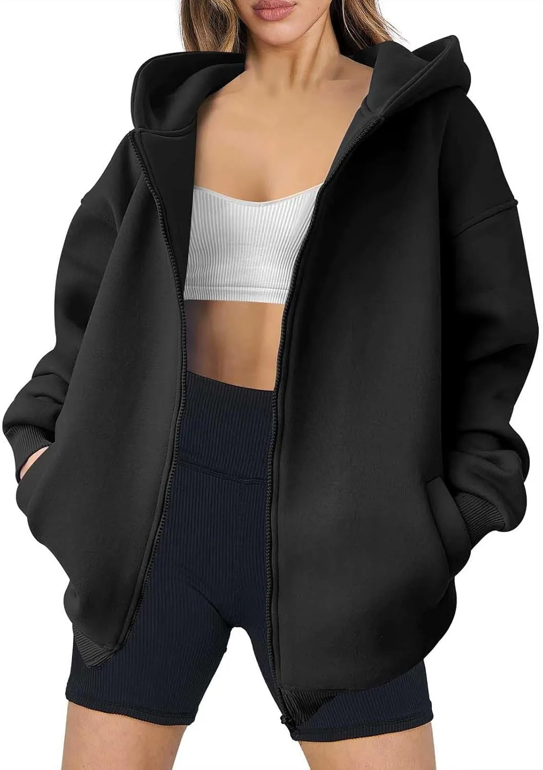 Women's Oversized Hoodies Fleece Lined Zip Up Sweatshrits Casual Fall Jackets Loose Fit Sweatshirt with Pockets