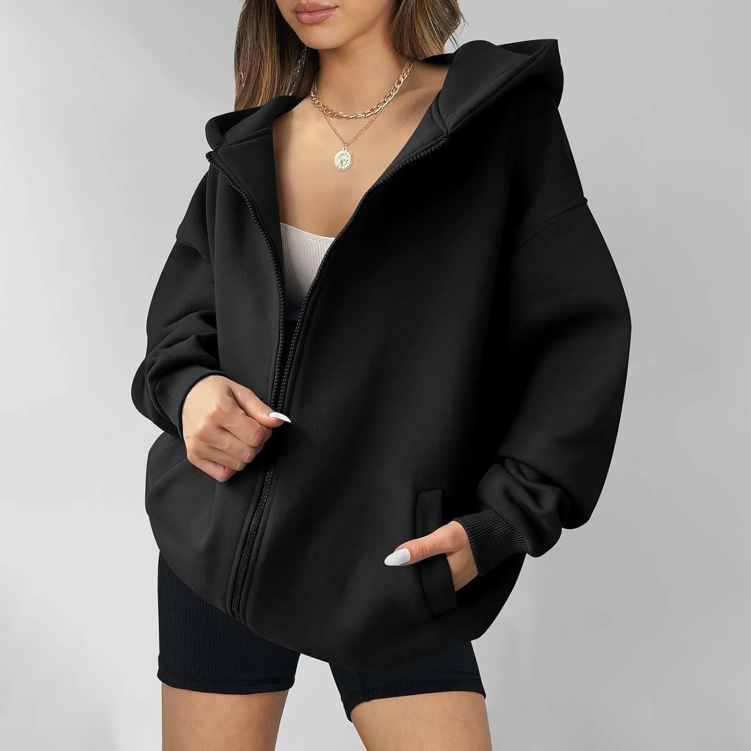 Women's Oversized Hoodies Fleece Lined Zip Up Sweatshrits Casual Fall Jackets Loose Fit Sweatshirt with Pockets