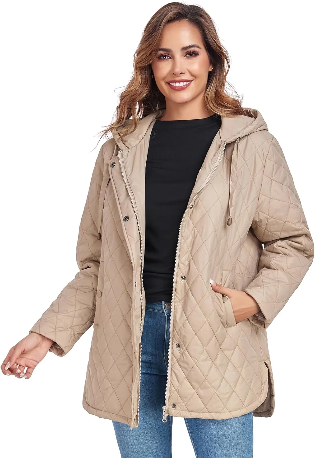 Womens Oversized Quilted Jackets Lightweight Long Sleeve Full Zipper Puffer Jacket Casual Hooded Winter Coats