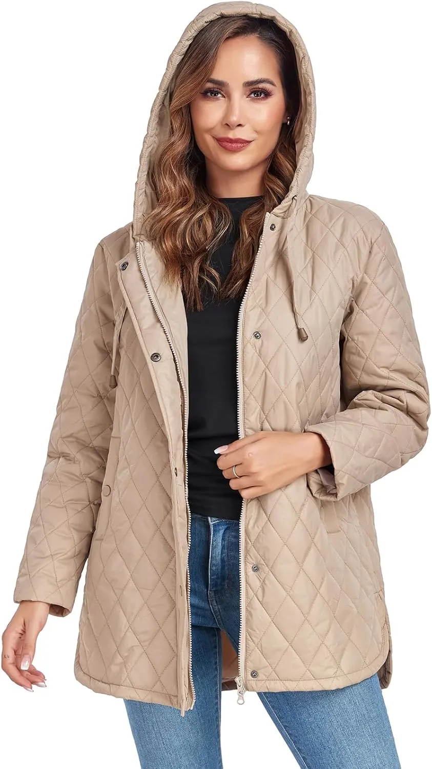 Womens Oversized Quilted Jackets Lightweight Long Sleeve Full Zipper Puffer Jacket Casual Hooded Winter Coats