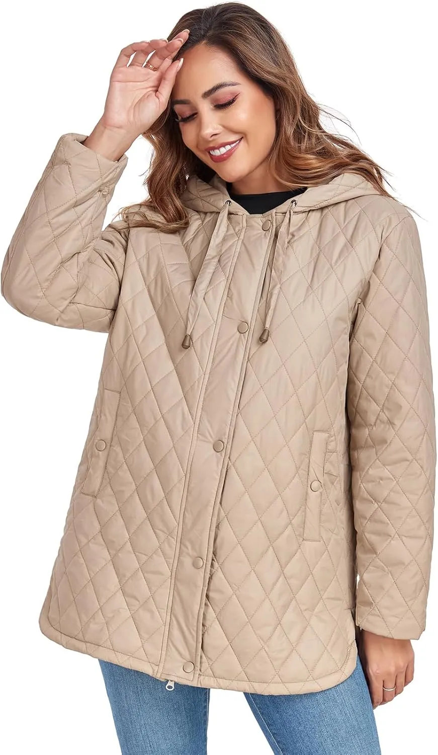 Womens Oversized Quilted Jackets Lightweight Long Sleeve Full Zipper Puffer Jacket Casual Hooded Winter Coats