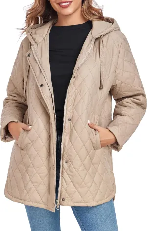 Womens Oversized Quilted Jackets Lightweight Long Sleeve Full Zipper Puffer Jacket Casual Hooded Winter Coats