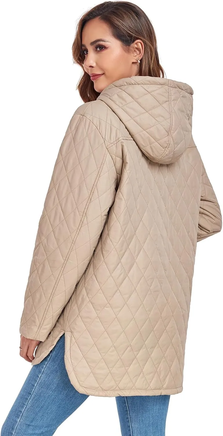 Womens Oversized Quilted Jackets Lightweight Long Sleeve Full Zipper Puffer Jacket Casual Hooded Winter Coats