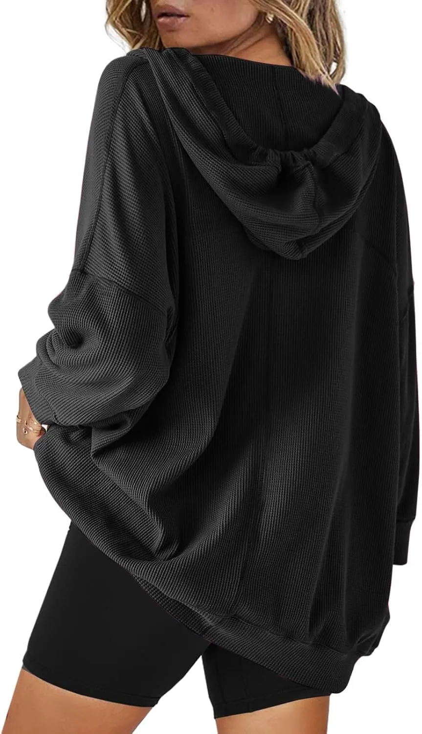 Womens Oversized Sweatshirt V Neck Hoodies Casual Drawstring Hooded Pullover Top Waffle Long Sleeve Workout Tops