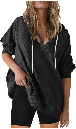 Womens Oversized Sweatshirt V Neck Hoodies Casual Drawstring Hooded Pullover Top Waffle Long Sleeve Workout Tops