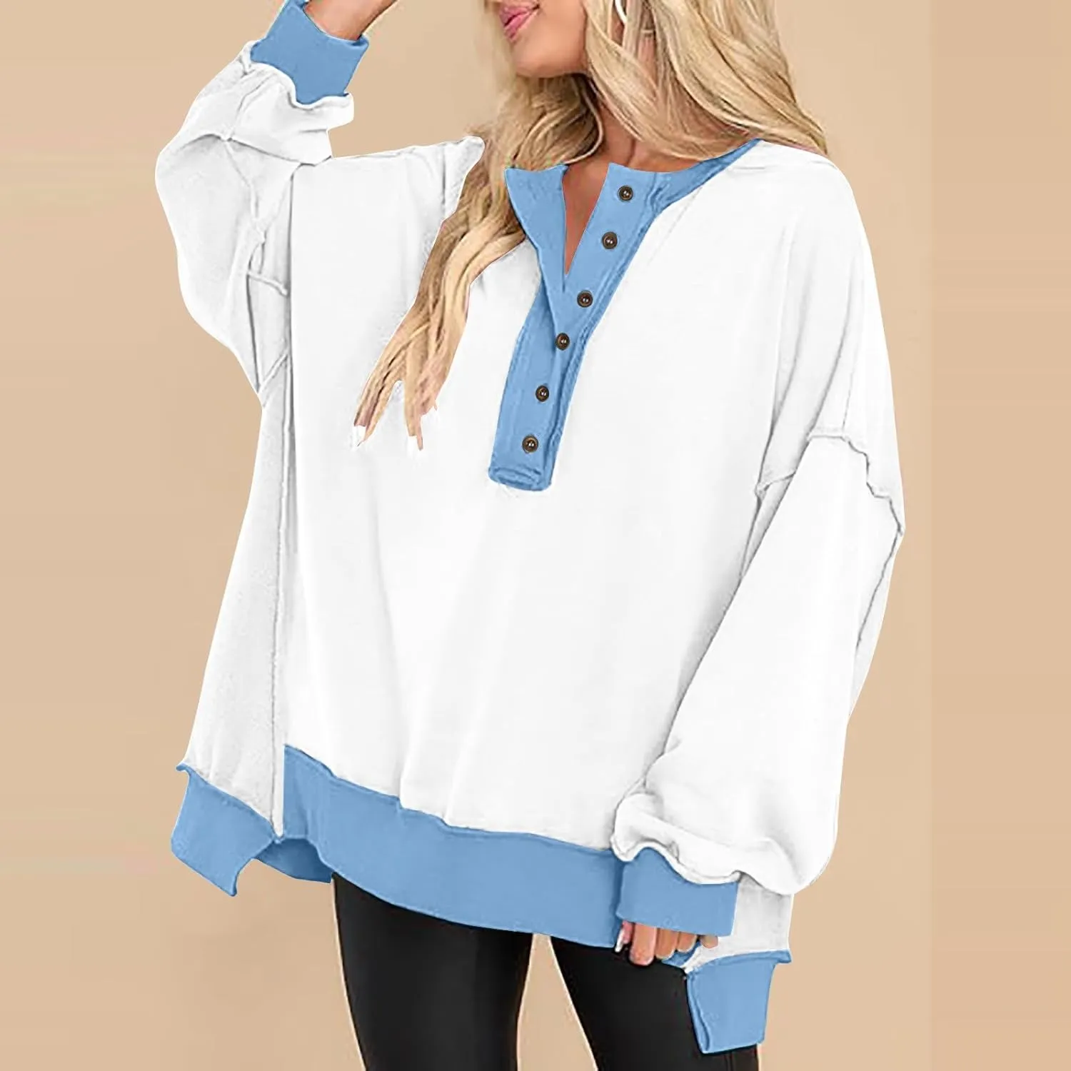 Womens Oversized Sweatshirts 2024 Fashion Fall Hoodies Long Sleeve V Neck Button Down Pullover Loose Fit Tops