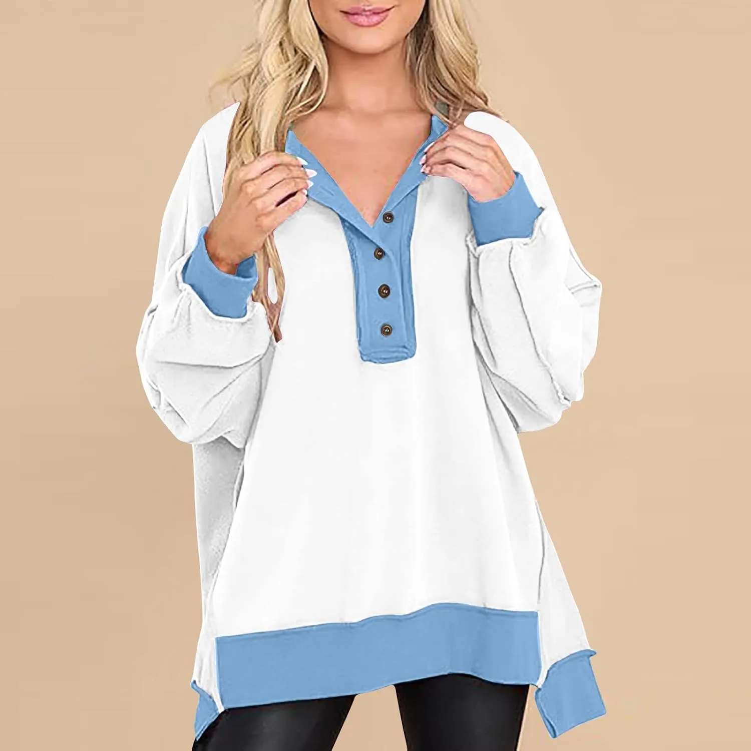 Womens Oversized Sweatshirts 2024 Fashion Fall Hoodies Long Sleeve V Neck Button Down Pullover Loose Fit Tops
