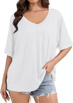 Womens Oversized T Shirts V Neck Rolled Sleeve Pocket Summer Tops Casual Loose Basic Tee Shirts 2024 Trendy