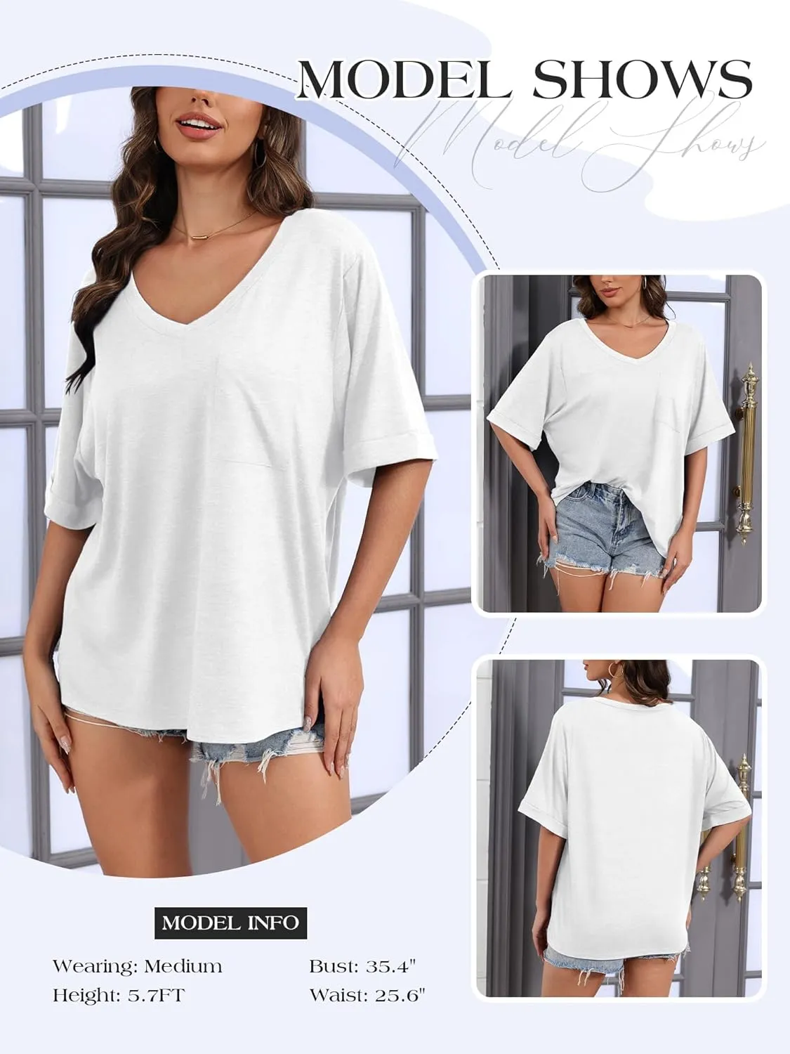 Womens Oversized T Shirts V Neck Rolled Sleeve Pocket Summer Tops Casual Loose Basic Tee Shirts 2024 Trendy