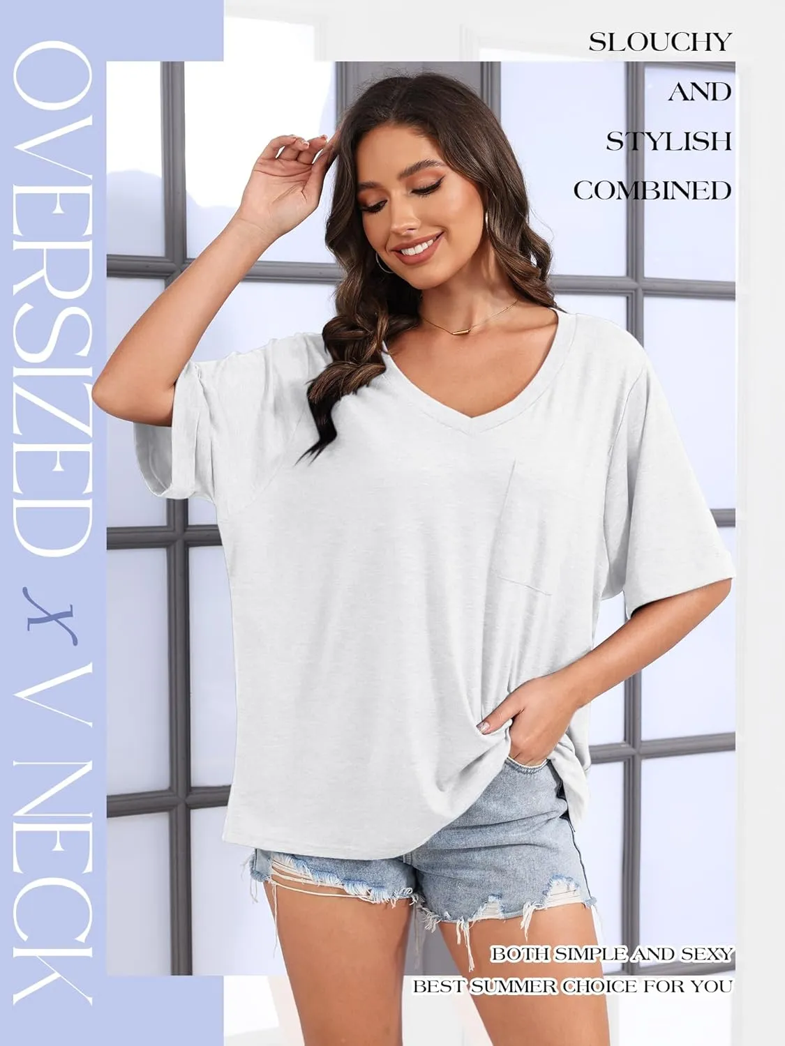 Womens Oversized T Shirts V Neck Rolled Sleeve Pocket Summer Tops Casual Loose Basic Tee Shirts 2024 Trendy