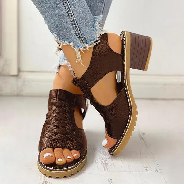 Women's Peep Toe Cutout Zipper Chunky Heeled Sandals