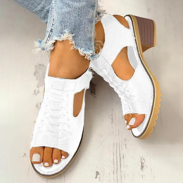 Women's Peep Toe Cutout Zipper Chunky Heeled Sandals