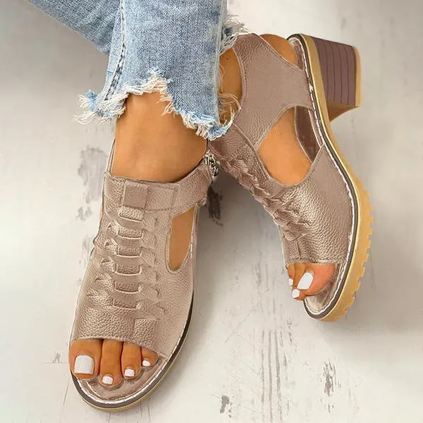 Women's Peep Toe Cutout Zipper Chunky Heeled Sandals