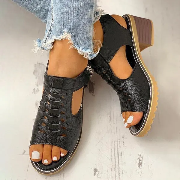 Women's Peep Toe Cutout Zipper Chunky Heeled Sandals