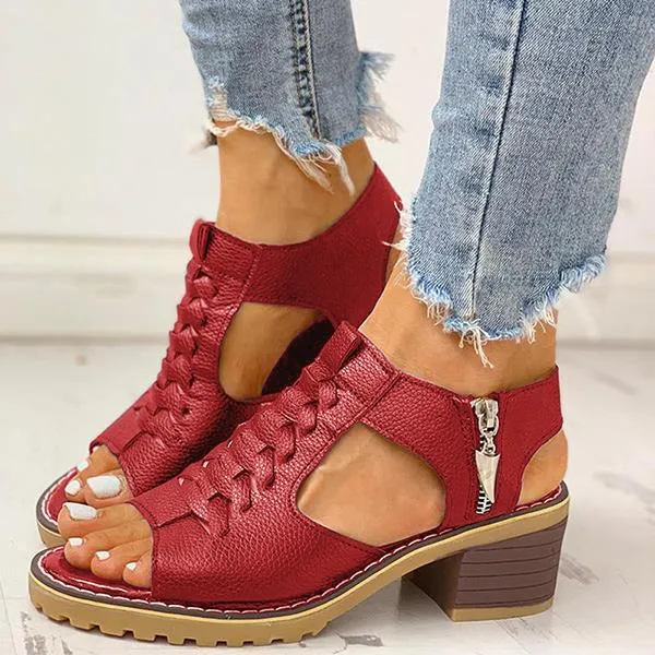 Women's Peep Toe Cutout Zipper Chunky Heeled Sandals