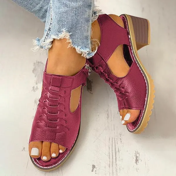 Women's Peep Toe Cutout Zipper Chunky Heeled Sandals