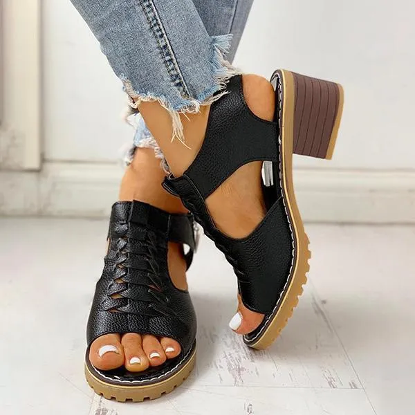 Women's Peep Toe Cutout Zipper Chunky Heeled Sandals
