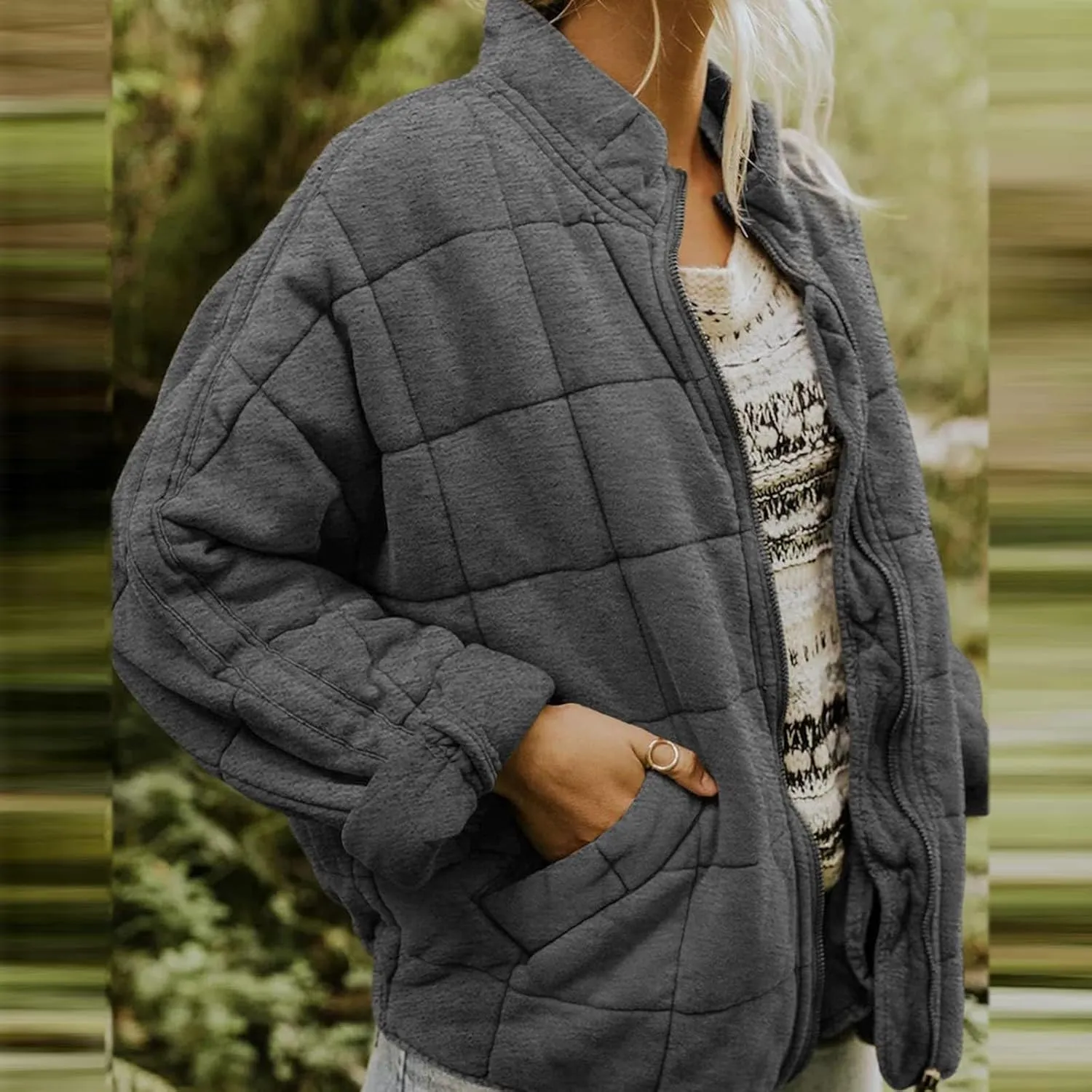 Women's Quilted Puffer Jacket Zip Up Oversized Lightweight Stand Collar Padded Down Coat Winter Loose Warm Outerwear