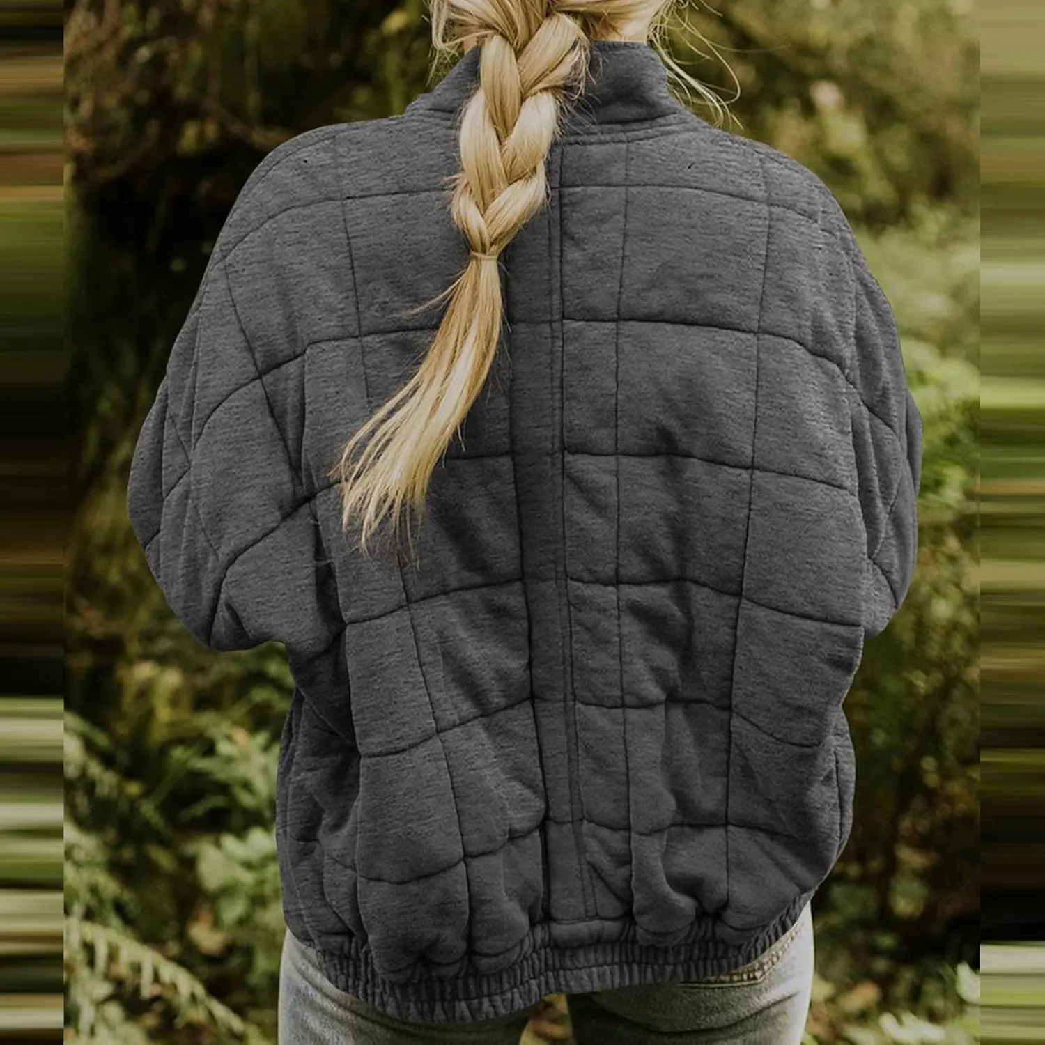Women's Quilted Puffer Jacket Zip Up Oversized Lightweight Stand Collar Padded Down Coat Winter Loose Warm Outerwear