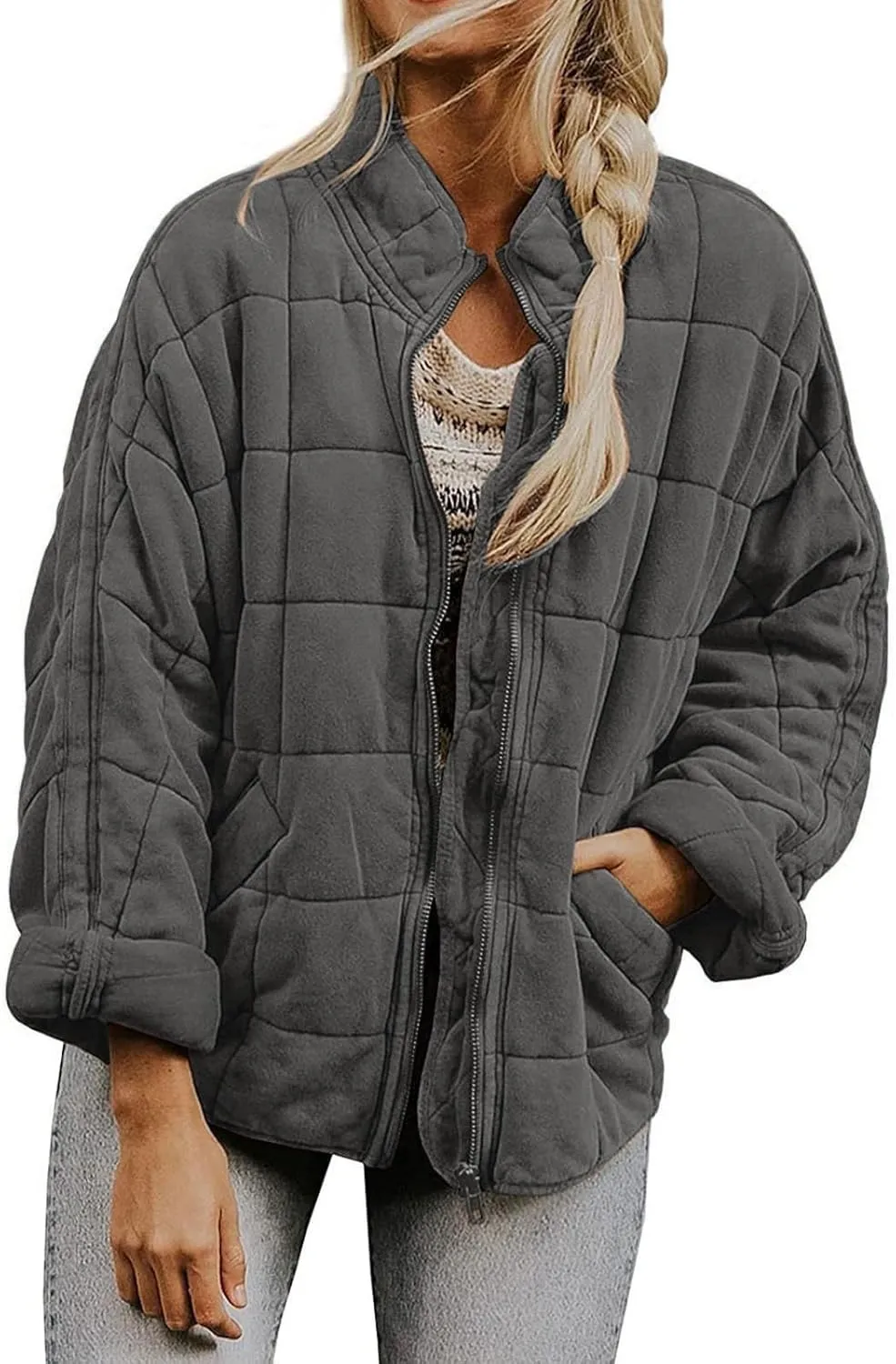 Women's Quilted Puffer Jacket Zip Up Oversized Lightweight Stand Collar Padded Down Coat Winter Loose Warm Outerwear