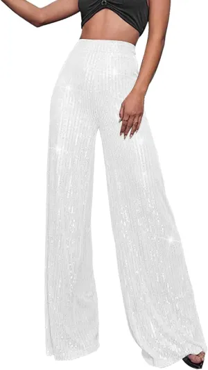 Women's Satin Pants Women's High Waisted Sequin Loose Drape Wide Leg Pants Fashion Casual Pants Clubwear Streetwear