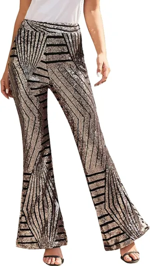 Womens Sequin Flare Pant Women Sequins Wide Leg Pants Fashion Shiny Hight Waist Flared High Waist Shiny Sequin
