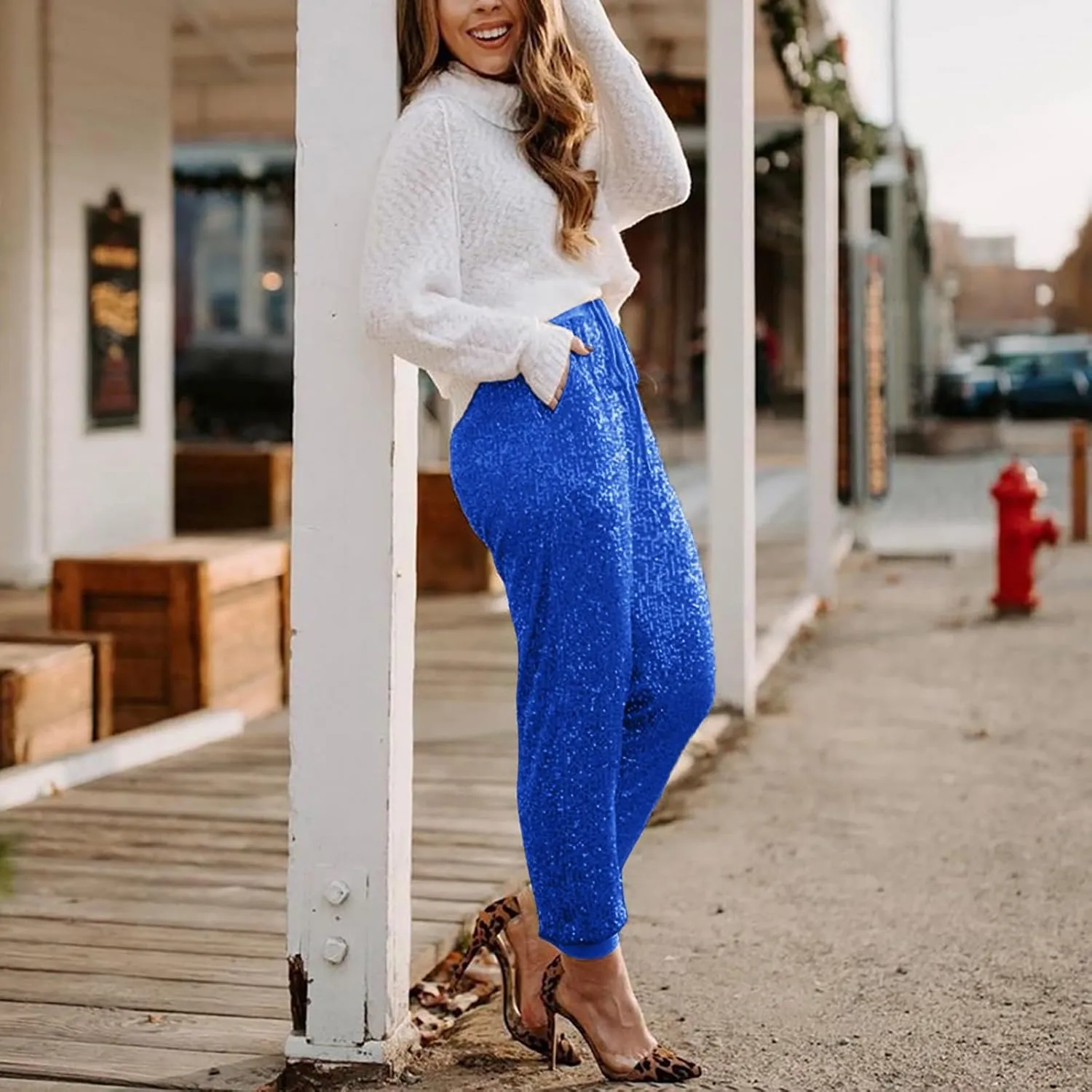 Womens Sequin Flare Pant Women Sequins Wide Leg Pants Fashion Shiny Hight Waist Flared High Waist Shiny Sequin