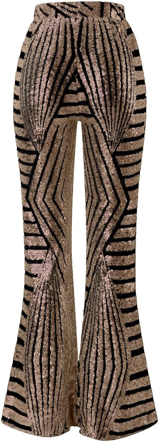 Womens Sequin Flare Pant Women Sequins Wide Leg Pants Fashion Shiny Hight Waist Flared High Waist Shiny Sequin