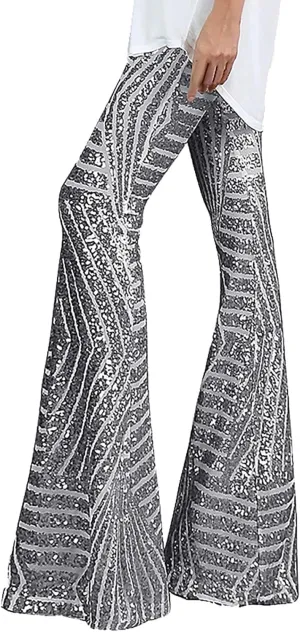 Womens Sequin Flare Pant Women Sequins Wide Leg Pants Fashion Shiny Hight Waist Flared High Waist Shiny Sequin