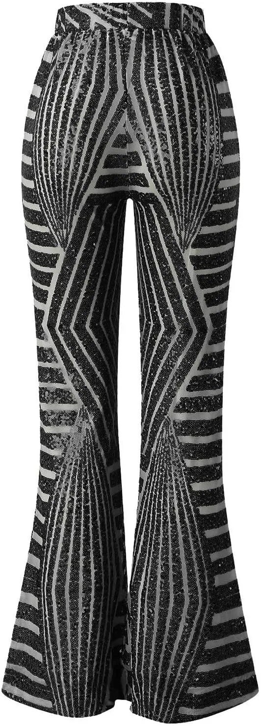 Womens Sequin Flare Pant Women Sequins Wide Leg Pants Fashion Shiny Hight Waist Flared High Waist Shiny Sequin