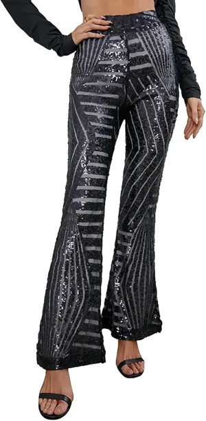 Womens Sequin Flare Pant Women Sequins Wide Leg Pants Fashion Shiny Hight Waist Flared High Waist Shiny Sequin