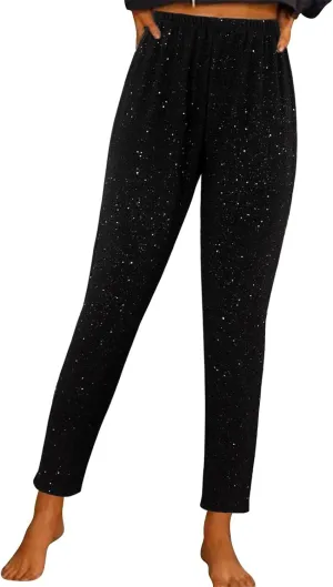 Womens Sequin Flare Pants Women Solid Casual Sequin Pocket Wide Leg Pants Zipper Loose Pants Night Out Clubwear