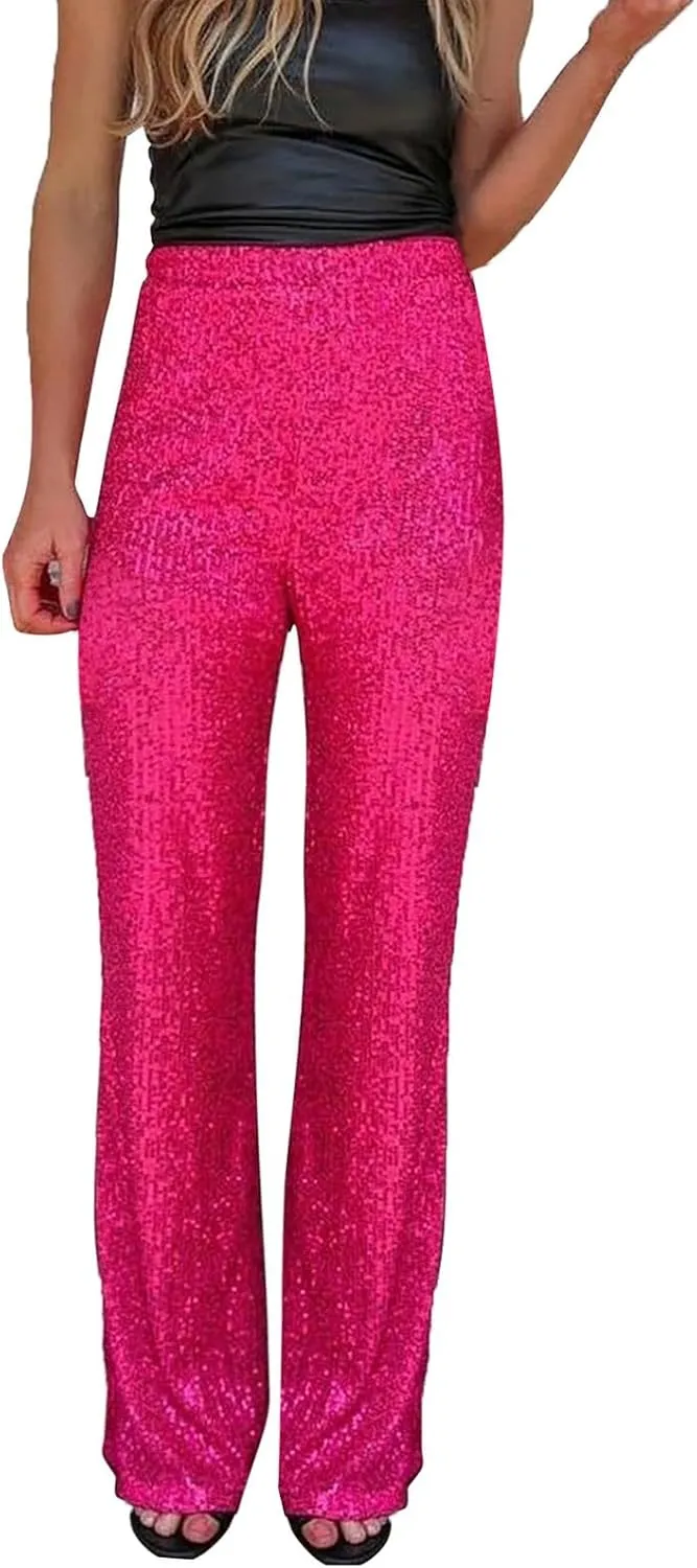 Womens Sequin Flare Pants Women Solid Casual Sequin Pocket Wide Leg Pants Zipper Loose Pants Night Out Clubwear