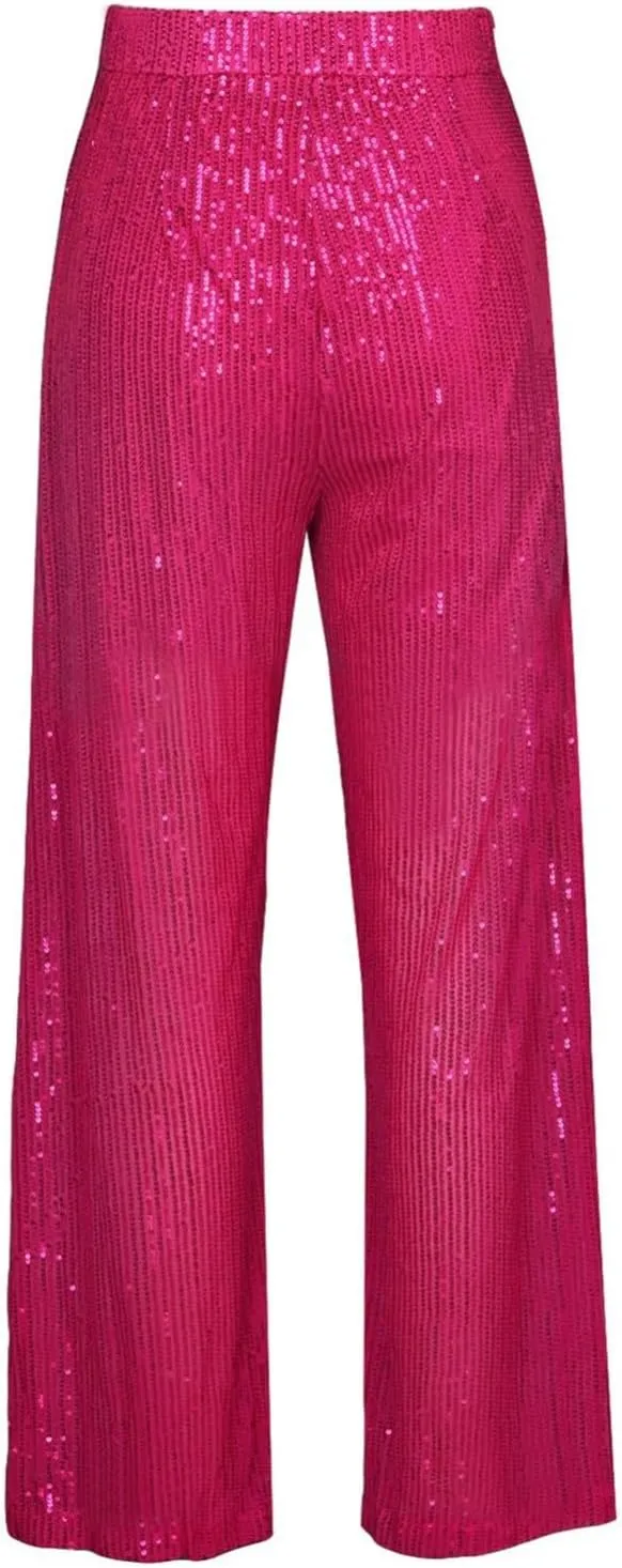 Womens Sequin Flare Pants Women Solid Casual Sequin Pocket Wide Leg Pants Zipper Loose Pants Night Out Clubwear