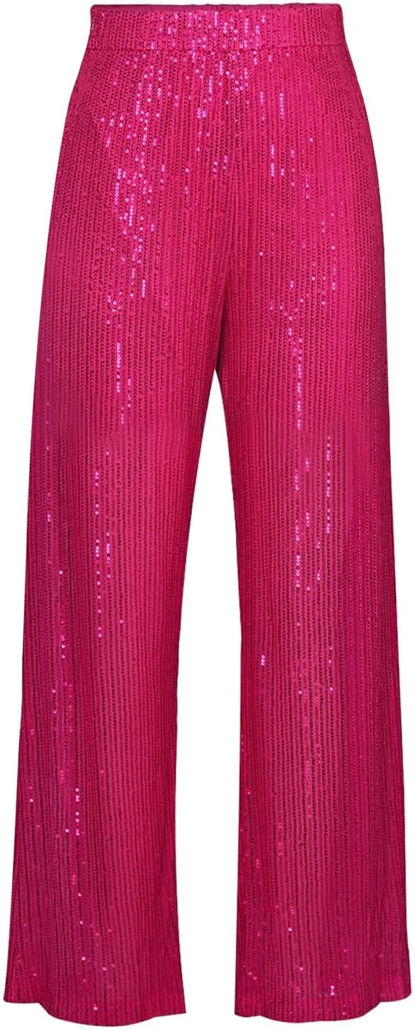 Womens Sequin Flare Pants Women Solid Casual Sequin Pocket Wide Leg Pants Zipper Loose Pants Night Out Clubwear