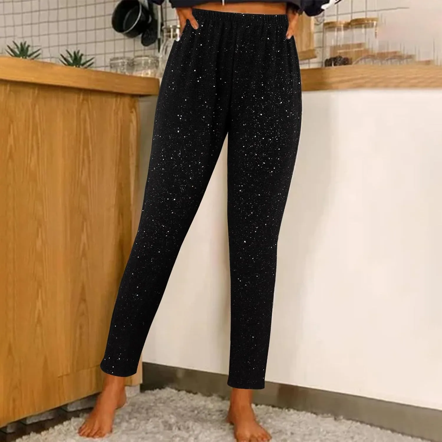 Womens Sequin Flare Pants Women Solid Casual Sequin Pocket Wide Leg Pants Zipper Loose Pants Night Out Clubwear