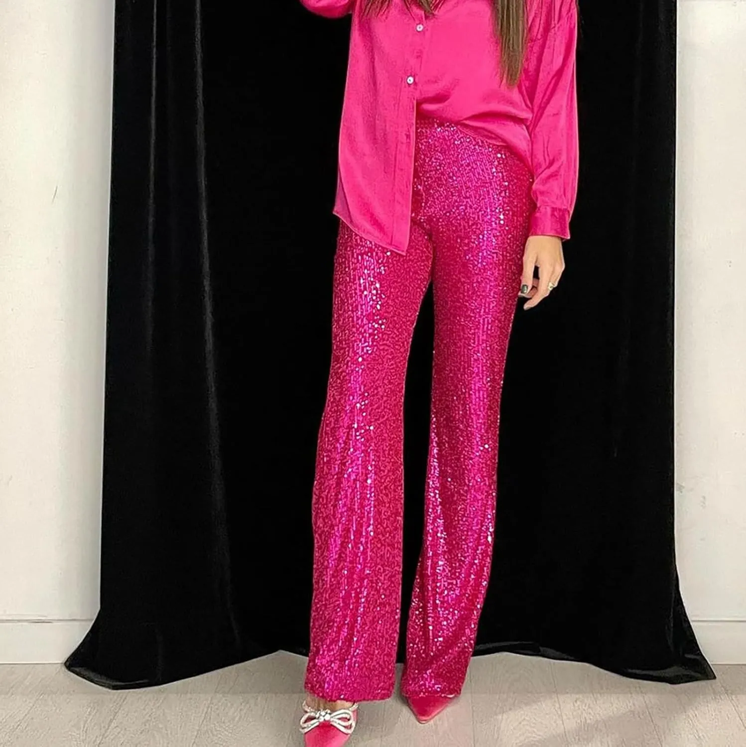 Womens Sequin Flare Pants Women Solid Casual Sequin Pocket Wide Leg Pants Zipper Loose Pants Night Out Clubwear